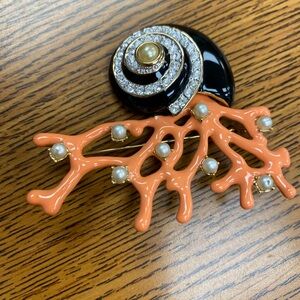 Elegant Atlantis Coral and Black Brooch with Pearl Accents.